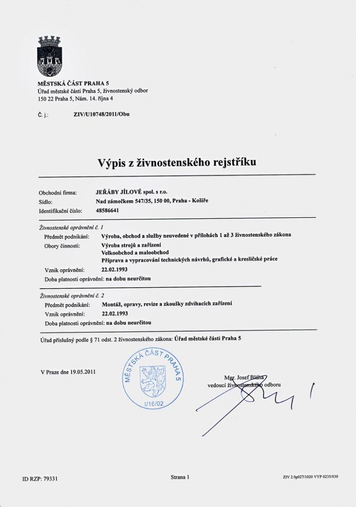 Výpis z živnostenského rejstříku